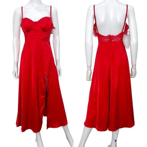Alamour The Label Tonia Bustier Corset Lace Accent Slit Midi Dress in Red Size M - Picture 3 of 16